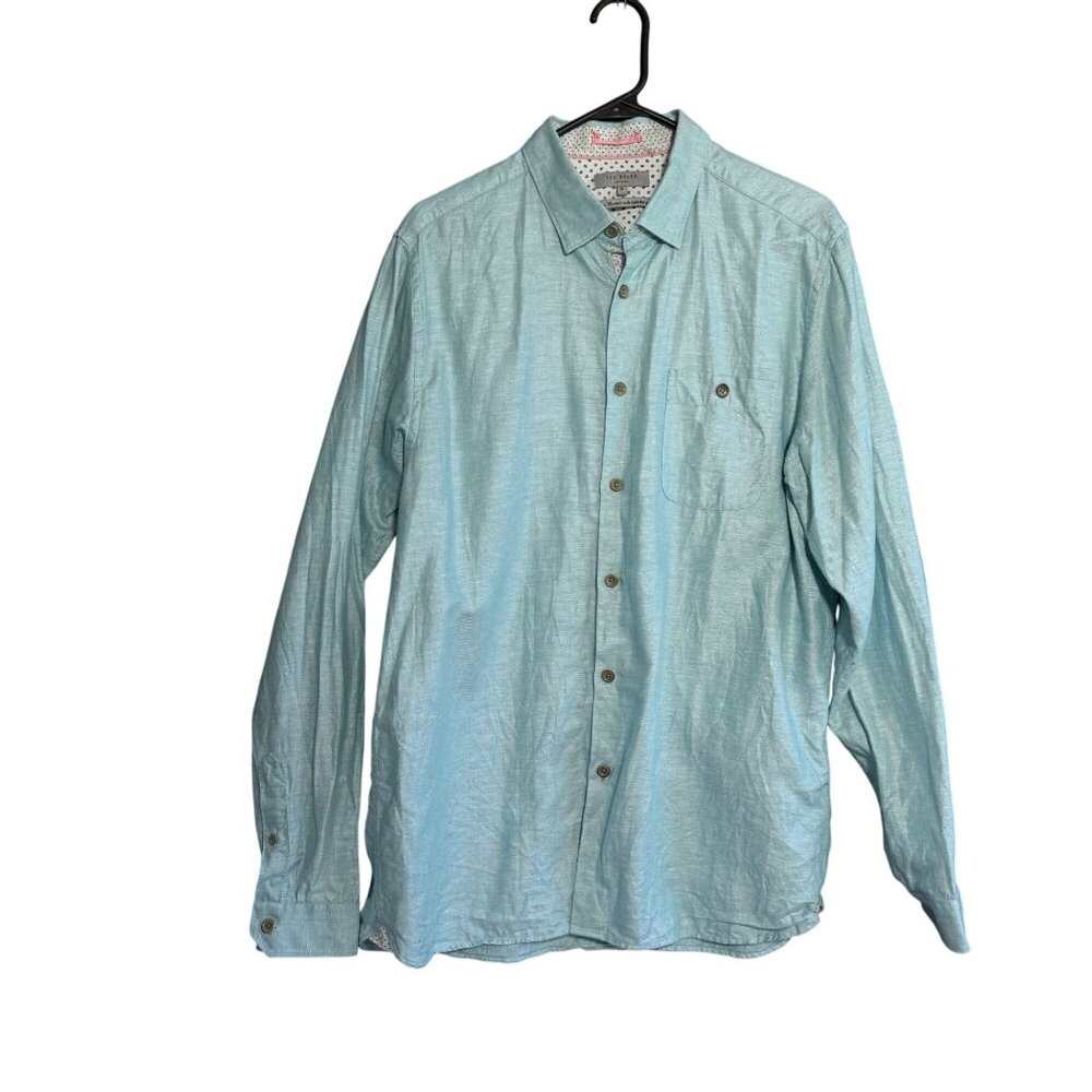 Ted Baker London Linen Blend Long Sleeve Button Down Shirt Men 5 Blue Timeless